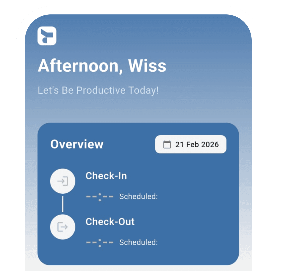 Tap app dashboard greeting the user with check-in and check-out overview